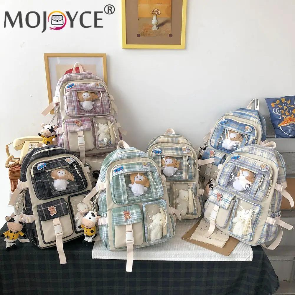 

Модная холщовая школьная сумка с несколькими карманами в стиле преппи, модные вместительные рюкзаки унисекс с клетчатым узором на плечо