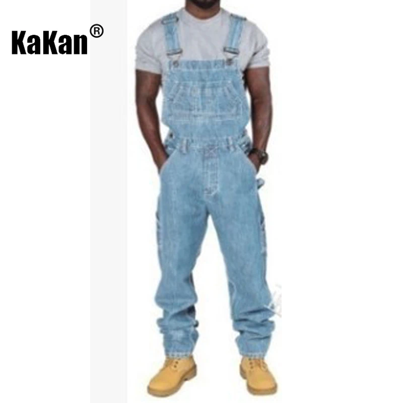 Kakan - European and American New Versatile One Piece Strap Jeans for Men, Simple Multi Pocket Loose Fit Jeans K54-Q003