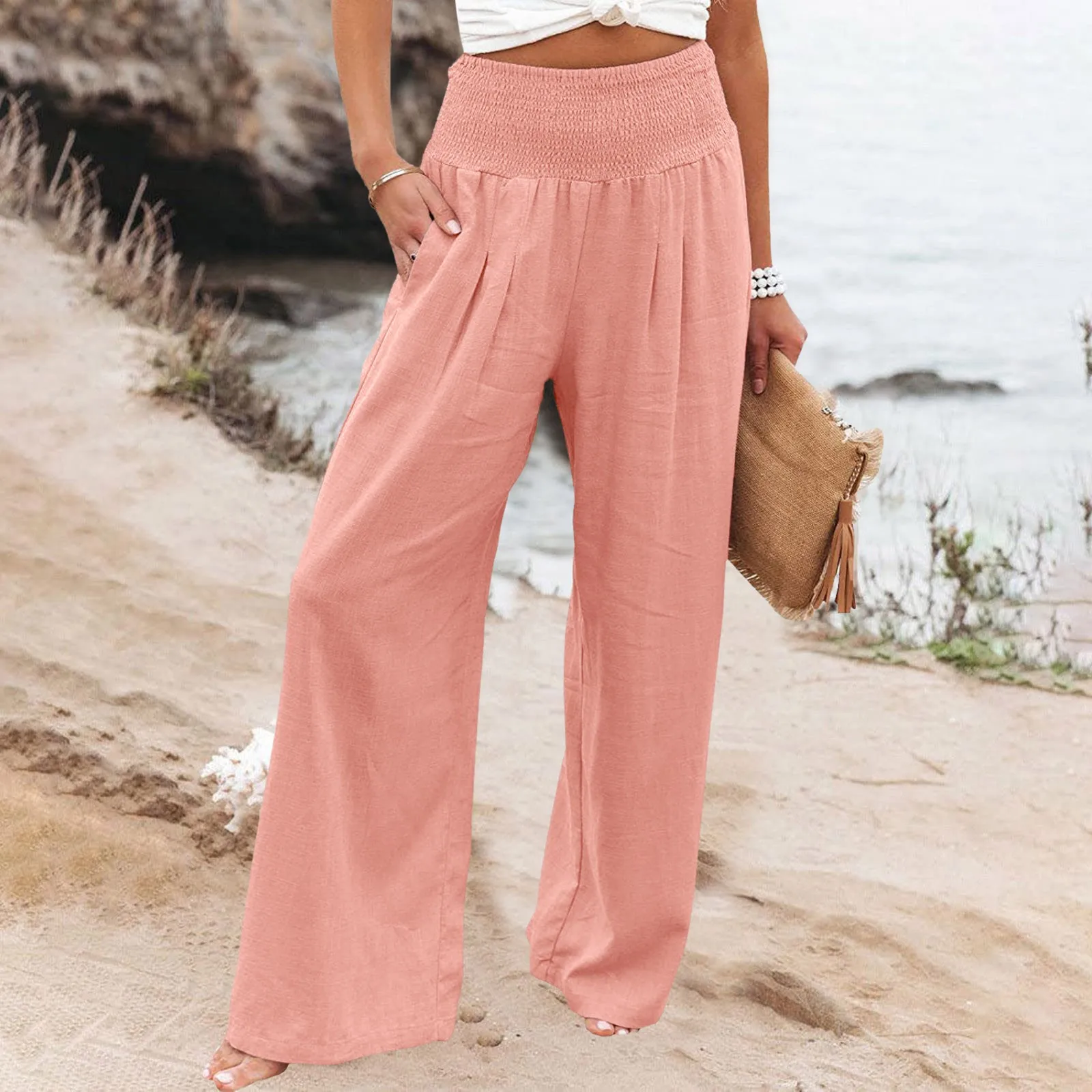 Loose Wide-Leg Women Summer Pants 2023 Linen Straight Casual Spring Trousers Pants Streetwear Comfort Drawstring Sweatpant Solid