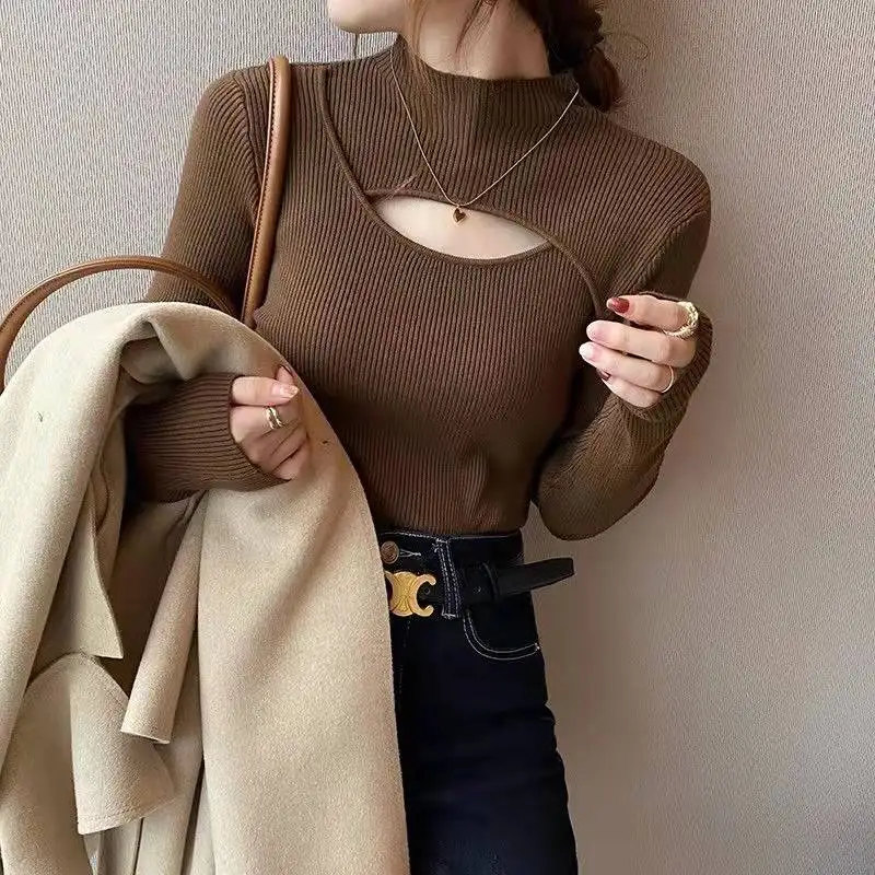 

Mock Neck Women Hollow Out Sexy Sweaters 2023 Fashion Autumn Spring Elegant Pullovers Lady Casual Cross Knitted Tops