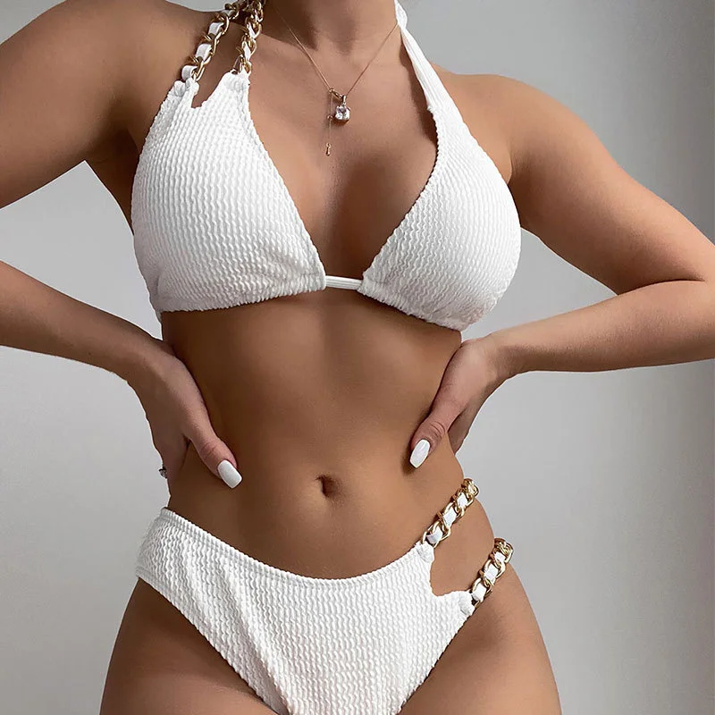 

White Ribbed Bikini Halter Rings Bikinis Set Women Swimsuit Bandage Push Up Swimwear Bathers Beachwear Bathing Suit Biquini