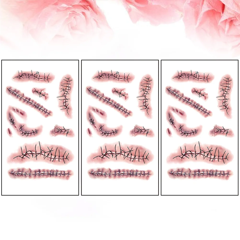 3pcs Realistic Bloody Wound Scar Temporary Sticker Stitch Scab Props for Halloween Masquerade Cosplay