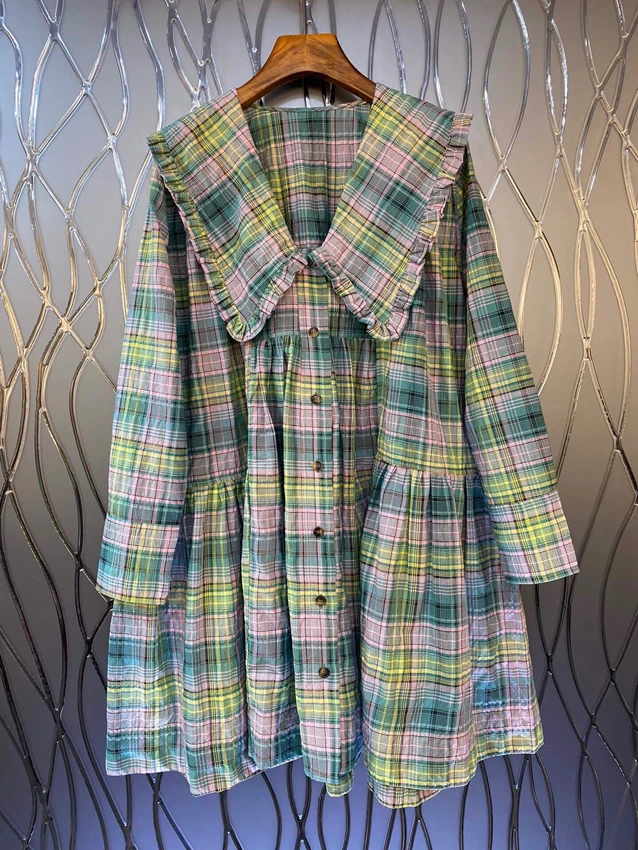 2023 new women fashion long sleeve doll collar plaid straight loose casual college style dress 0521