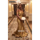 Атласное платье подружки невесты с открытыми плечами, цвет золото 2021
