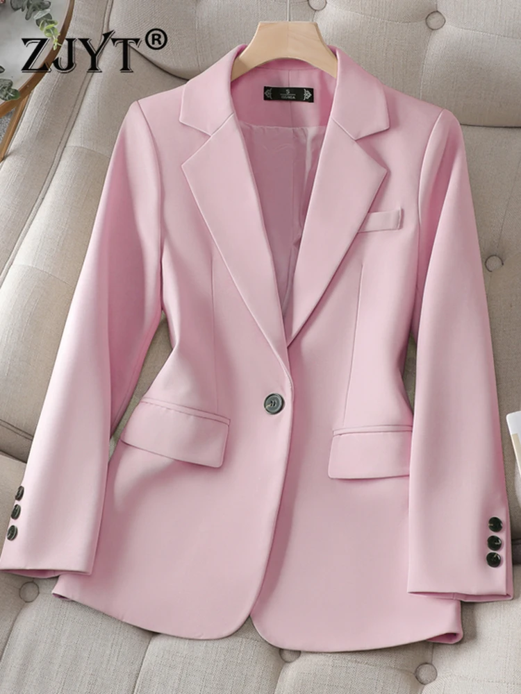 

ZJYT Elegant Autumn Blazers for Women 2023 Jackets Coats One Button Office Lady Veste Femme Plus Size Outerwear Tops Mujer Pink