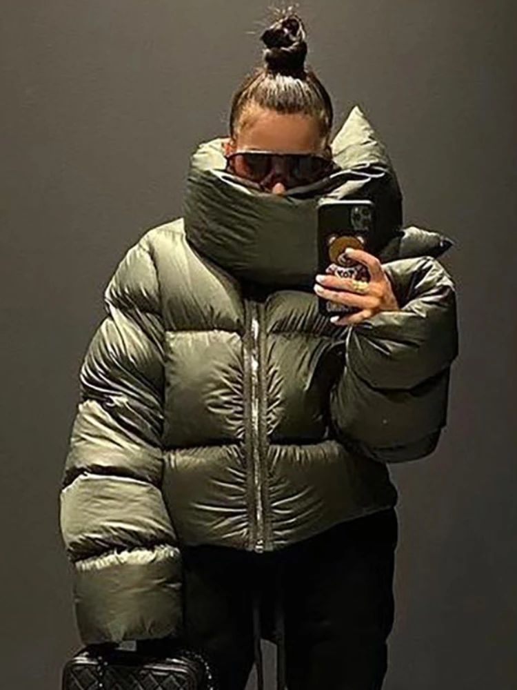 Winter Casual Black Oversized Bubble Coat for Women 2023 Fashion Zipper Scarf Collar Short Puffer Jackets Green Parka Streetwear