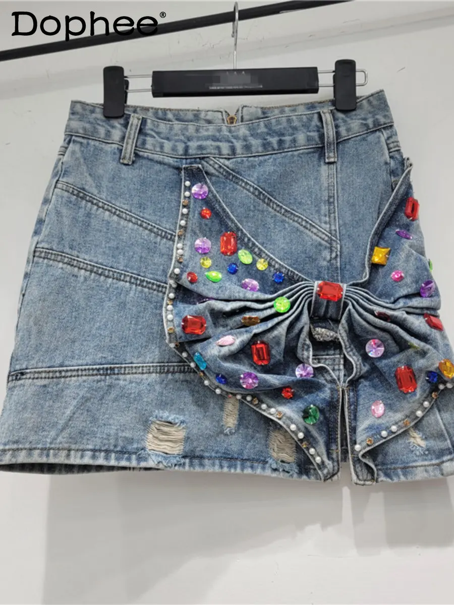 

2023 Spring Summer New Slim Fit Denim Hip-Wrapped Short Skirt Three-Dimensional Bow Beads Rhinestones A- Line Mini Skirt Faldas