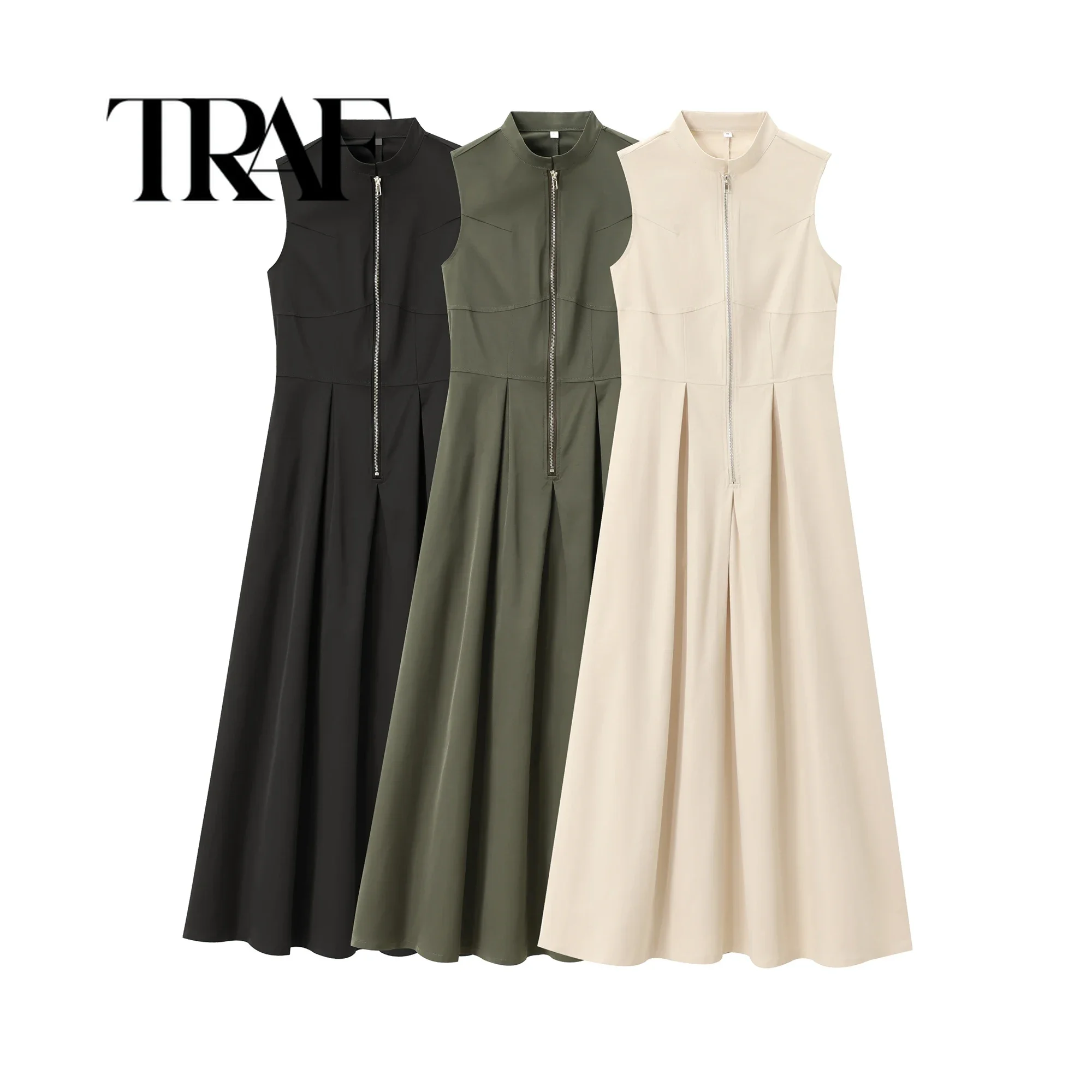 TRAF плиссированная женская макси-длинная юбка без рукавов летняя передняя молния