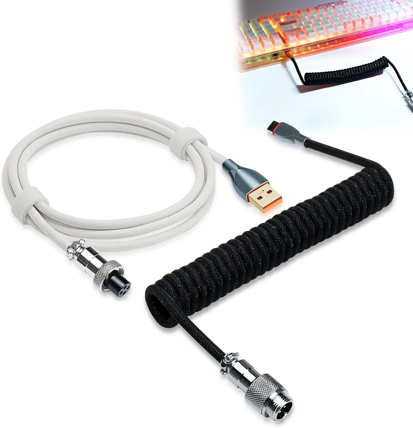 Braided Mix for Gaming Keyboard1.8m Coiled Type-C to USB A  Mechanical Keyboard Space Cable with Detachable Aviator Connector