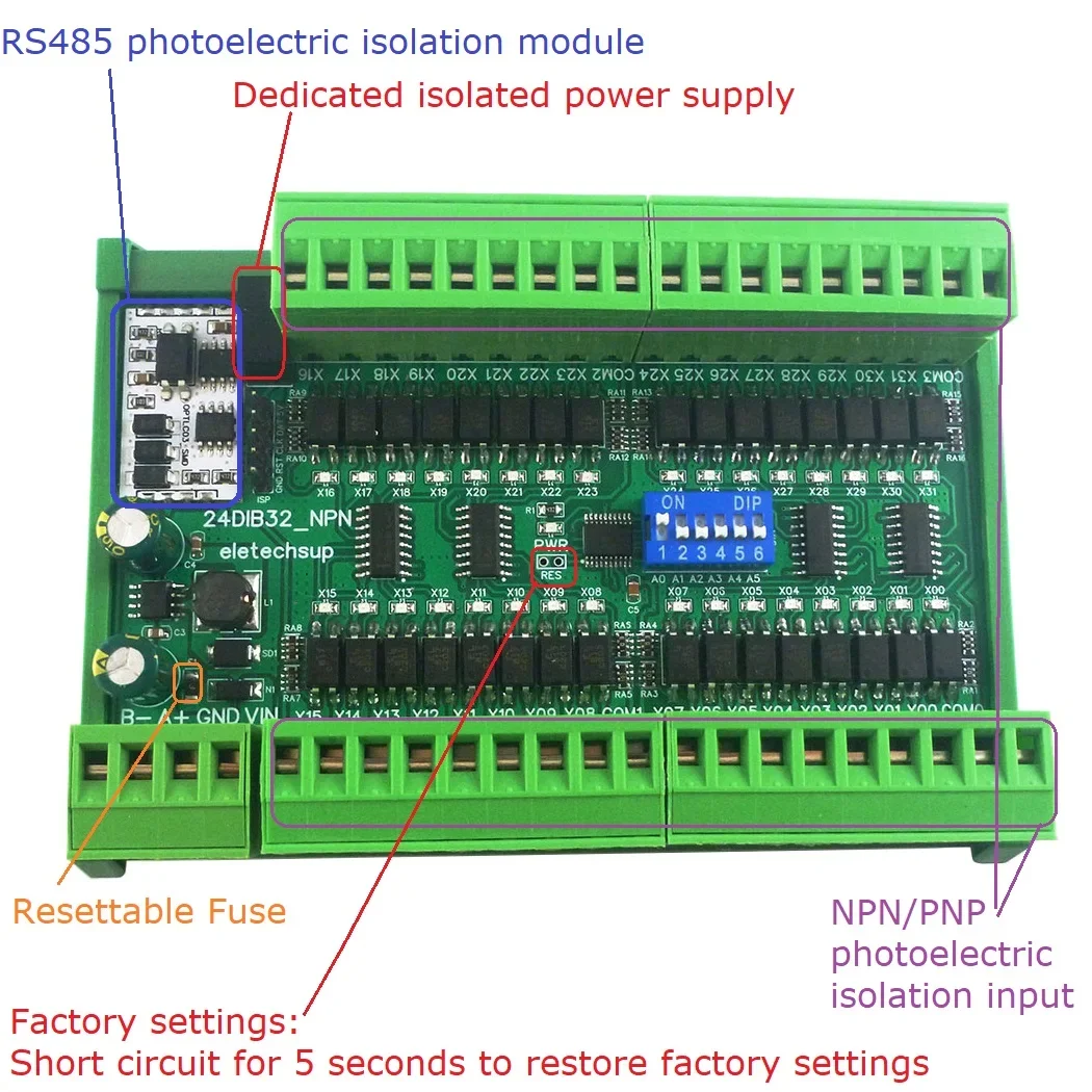16-48 DI NPN/PNP цифровой коммутатор PLC IO Плата расширения 3000VDC оптический изоляционный
