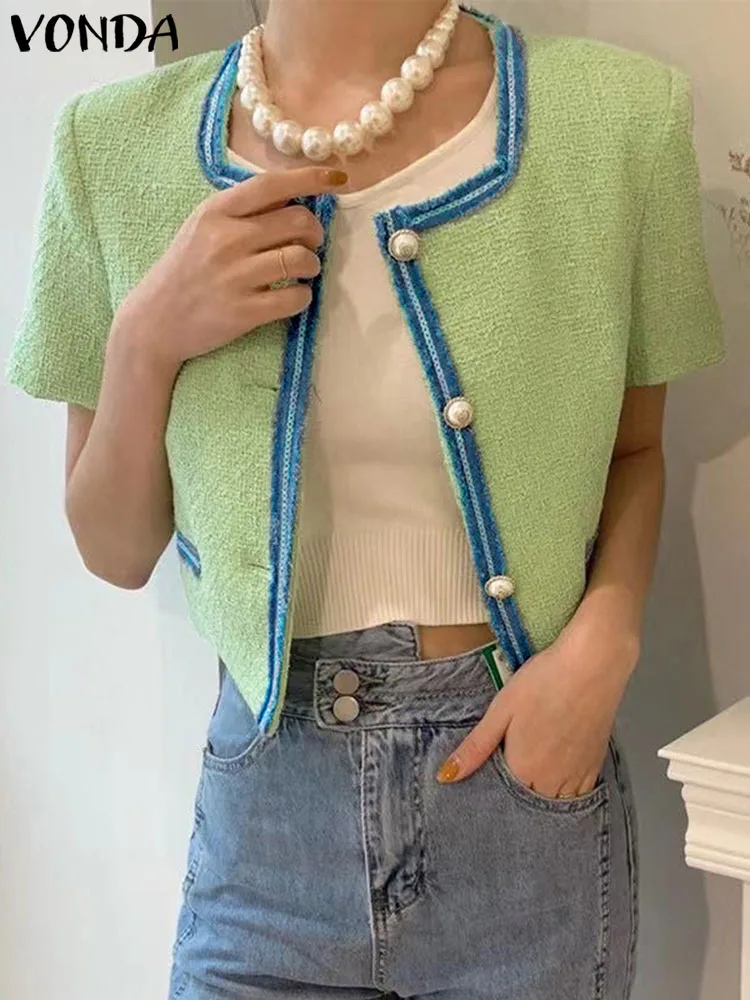 Elegant Office Blazer 2023 VONDA Women Summer Short Sleeve Ribbon Patchwork Coats Casual Solid Color Buttons Tops Streetwear