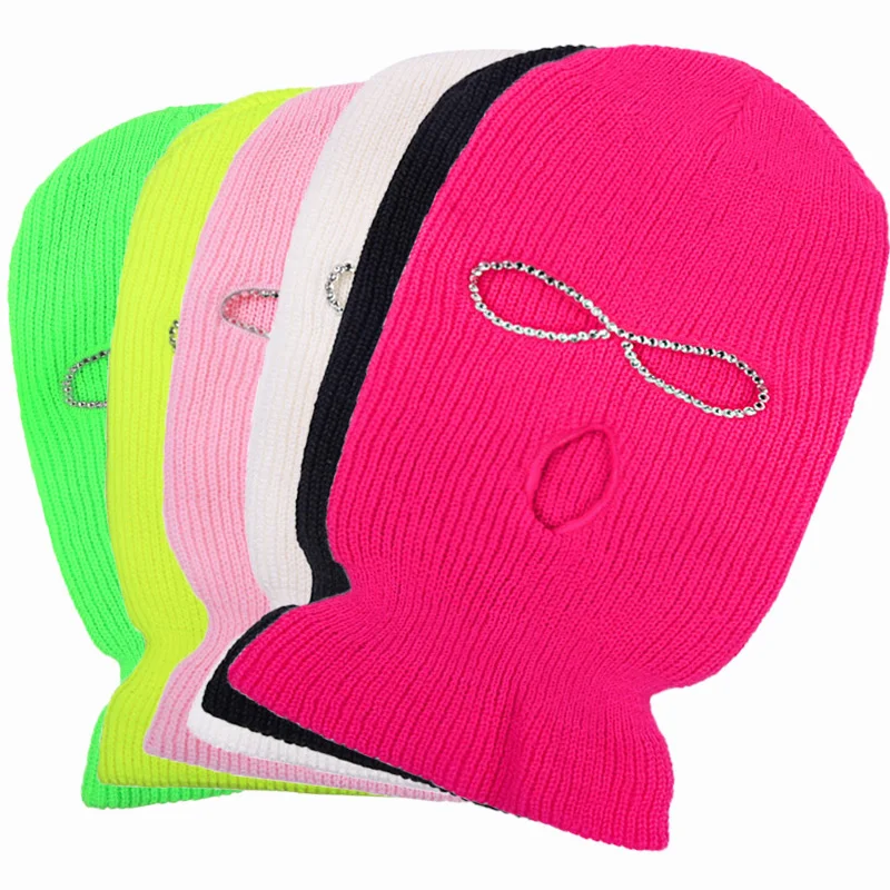 

3 Holes Unisex Rhinestone Balaclava Mask Hat Full Face Mask Knitted Ski Snowboard Hat Cap Winter Hip Hop Multiple Colour Beanie