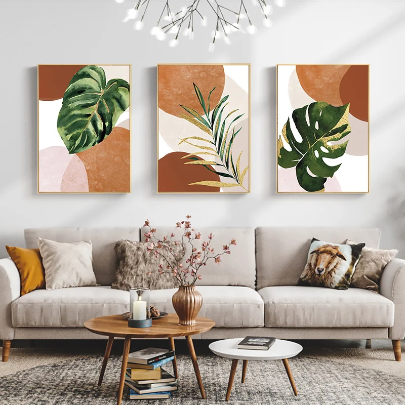 Нейтральные Золотые листья растений, художественные принты в стиле бохо, терракотовые формы, Холщовый плакат, Минималистичная живопись, Настенный декор, картина для гостиной