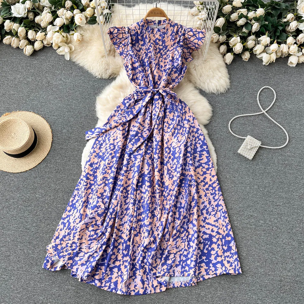 

Dresses Gentle style French retro print fly sleeve women's summer lace up waist slim super fairy A-line