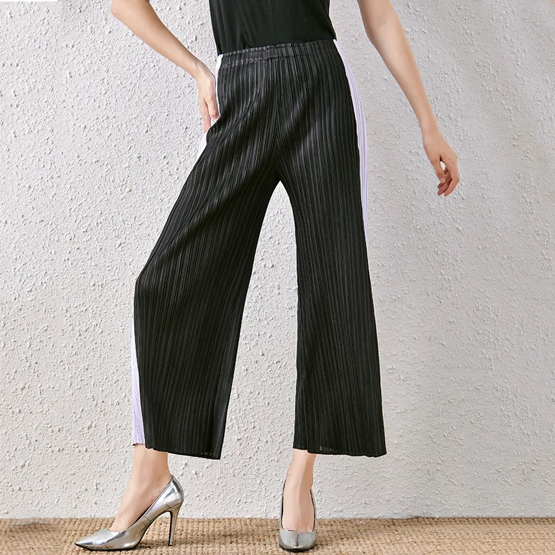 High waist wide leg pants summer Miyake side contrast color pleated matching trousers women's casual pants