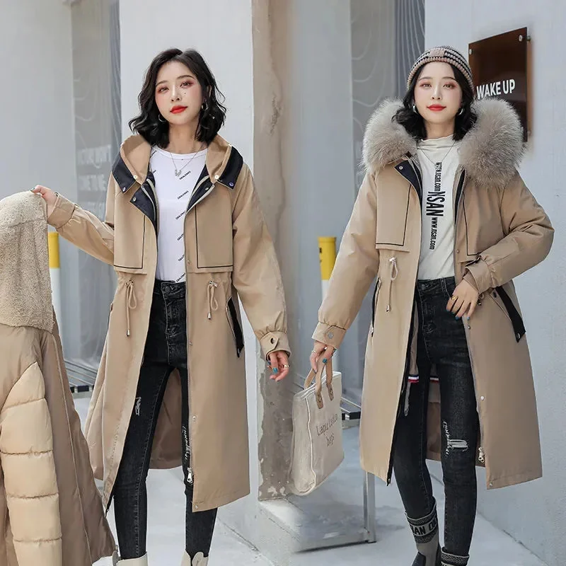 

2023 New Winter Jacket Women's Thick Warm Fur Lining Long Parka Fur Collar ded Coat Casual Jacket Parkas Mujer