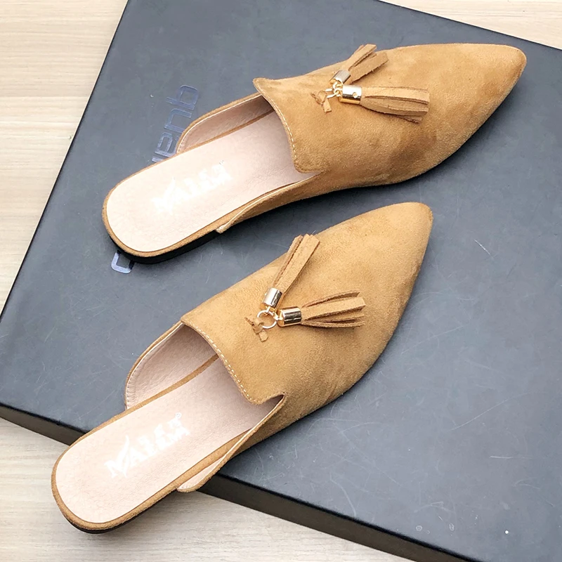 

2022 Suede Flat Bottomed Half Slippers Female Mules Sandals Without Heels Velvet Tassel Muller Large Size 33-43 Women's Shoes