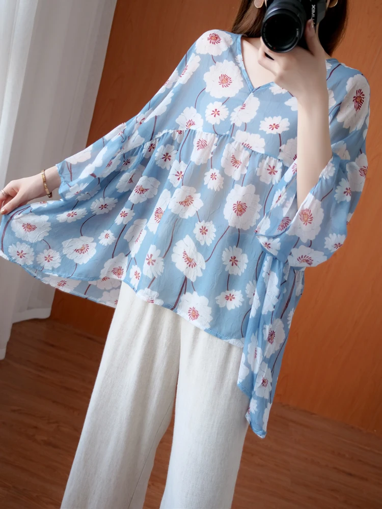 

Light Blue Fresh Floral V-Neck Female Chiffon Shirts Summer Long Flare Sleeve Irregular Loose Women Blouses Sweet Women's Shirt