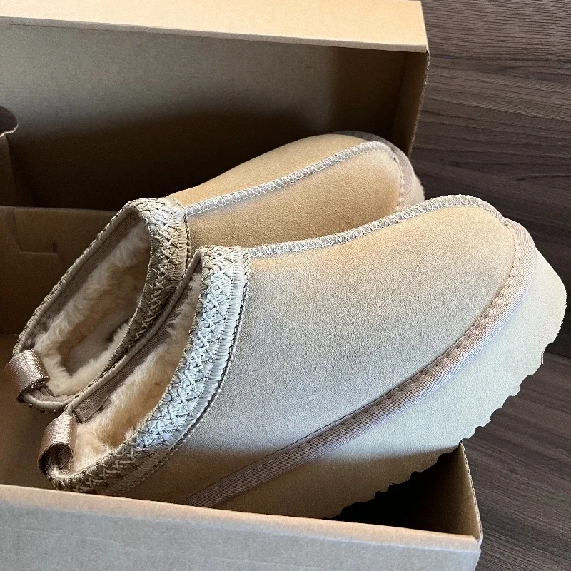 

Winter Leather Slippers Tazz Mustard Seed Boots Chestnut Fur Slides Classic Ultra Mini Platform Boots Winter Women Slip-on Shoes