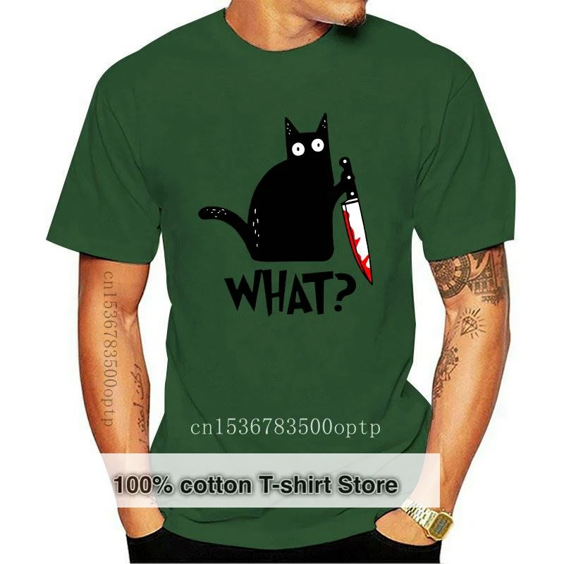 

New Cat What T Shirt Cat With Knife Funny Halloween Neck Summer Men's 100% cotton short sleeves T-Shirt Humor Gift Top