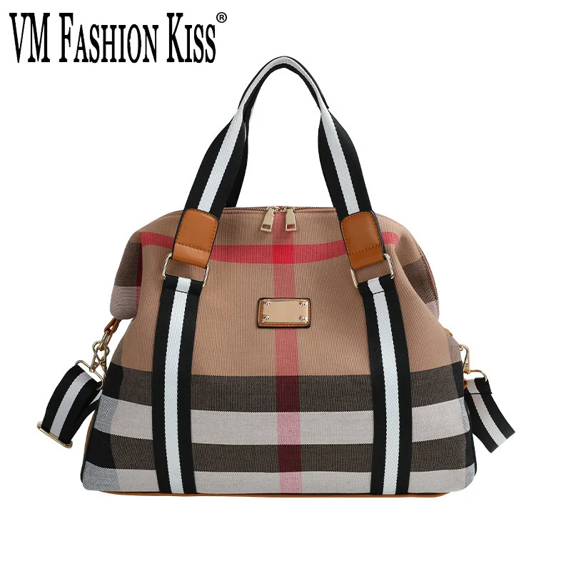 VM FASHION KISS Luxury Plaid Canvas Women Travel Handbags Shoulder Bags Designer Bag Female Striped Large Lady Travel Tote