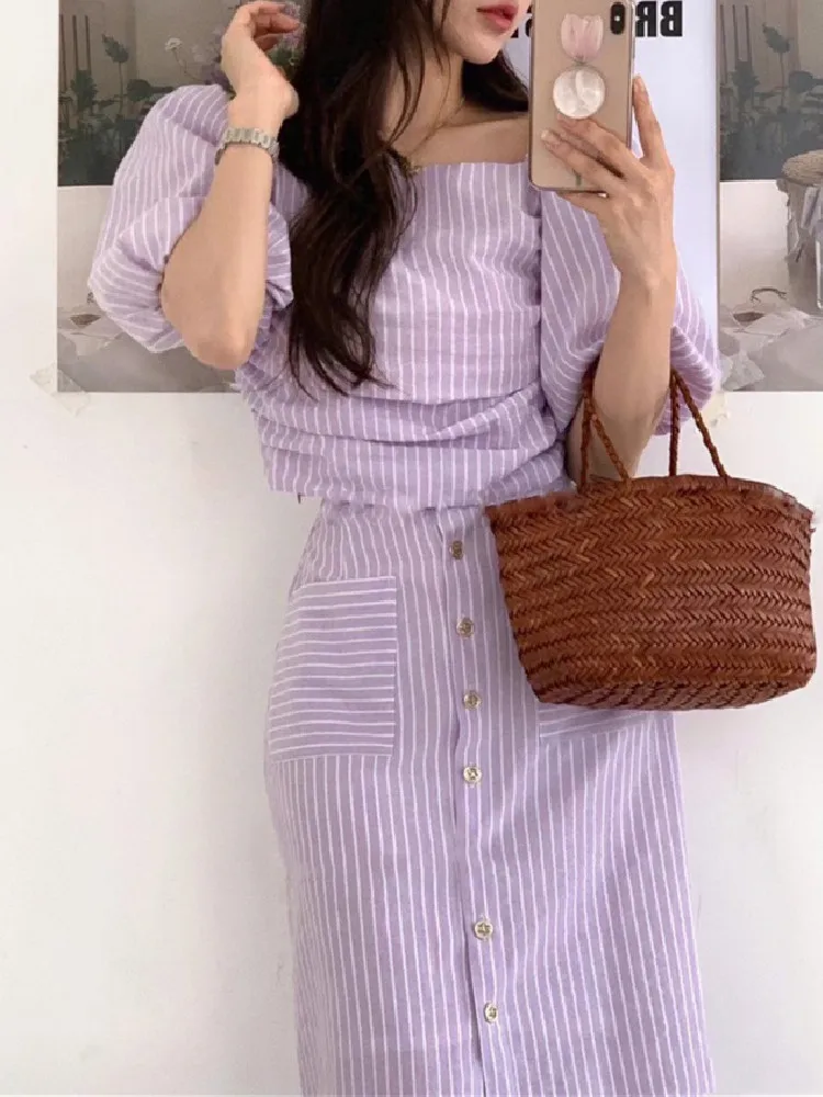 

Korean Fashion 2 Two Piece Set Women Outfits Summer 2023 Vintage Striped Puff Sleeve Crop Top + Midi Skirt New in Matching Sets