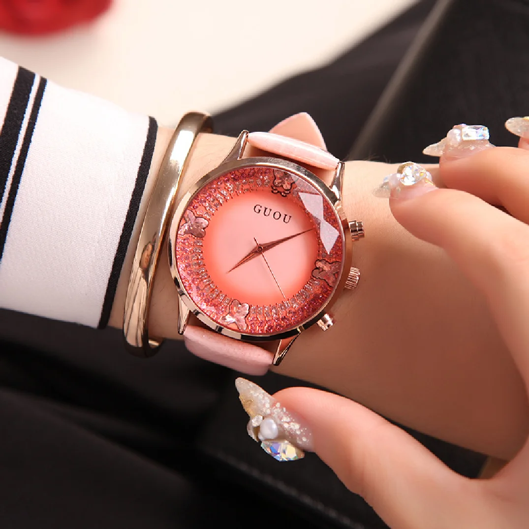 2018 Fashion Top Guou Brand Woman's Genuine Leather Casual Luxury Full Rhinestone Big Dial Gift Clock Lady Casual Quartz Watches enlarge