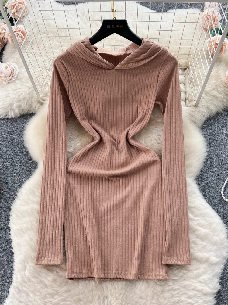 

FTLZZ Autumn Winter Casual Women Hooded Empire Slim Mini Dress Vintage Solid Bodycon Dress Long-sleeve Knitted Dress