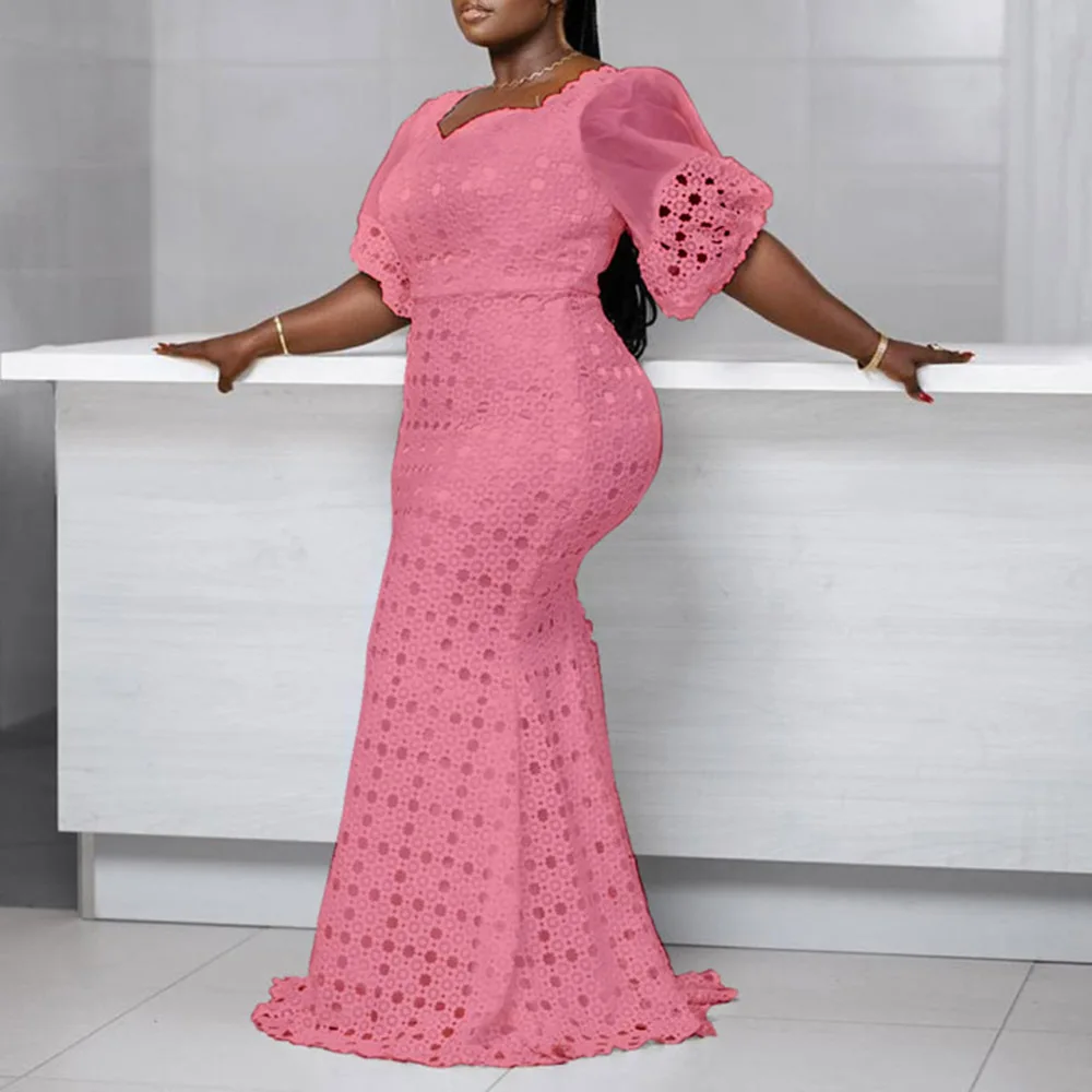 

Floor-Length Hollow Pullover Women's Dress Elegant Party Exy Bodycon Cut Out Lace Puff Sleeve Floor-length Maxi Dresses 2022