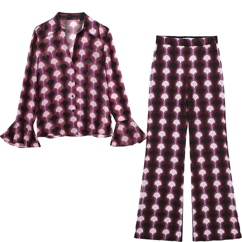 

Spring 2023 Print Chiffon Sleepwear for Women Pajamas Set Ruffle Long Sleeve Pants Oversize Vintage Woman Home Suit Streetwear