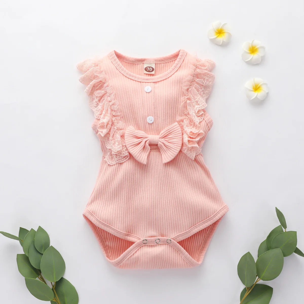 

Newborn Baby Girls Romper Sleeveless Pit Strip Solid Color Jumpsuit Infant Bow Lace Edge Romper Summer Clothes Triangle Romper