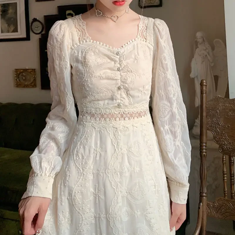 

Summer Vintage Retro Dress Women Elegant Chic Sweet Princess Lace Dress Female French Pretty Party Casual Holiday Sundress 2021