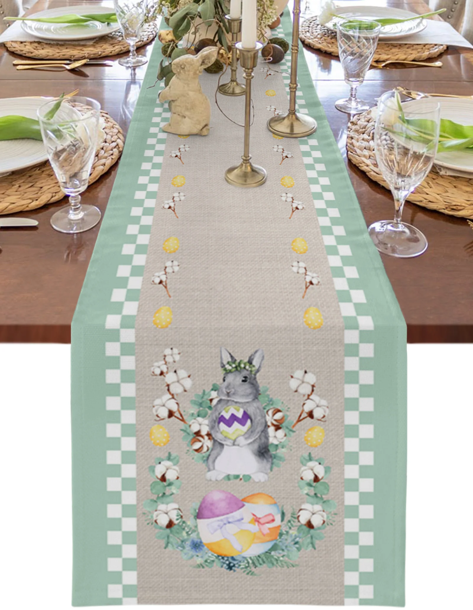 

Пасхальный декор 2023, Пасхальная клетчатая скатерть с рисунком кролика и яиц, свадебное украшение, коврик для кухонного обеденного стола, ск...
