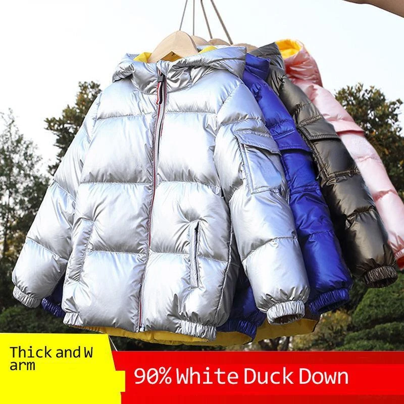 2-10T Winter Boys Girls Down Jacket Glossy Fashion Keep Warm Baby Coat Hooded Zipper Waterproof Outerwear Kids Children Clothes