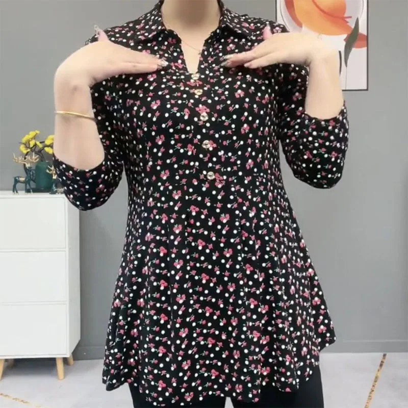 Polo-Neck Floral Vintage Woman Blouses Thin Fashion Elegant Button Long Sleeve Printed Pullovers Shirt Women's Clothing Autumn images - 6