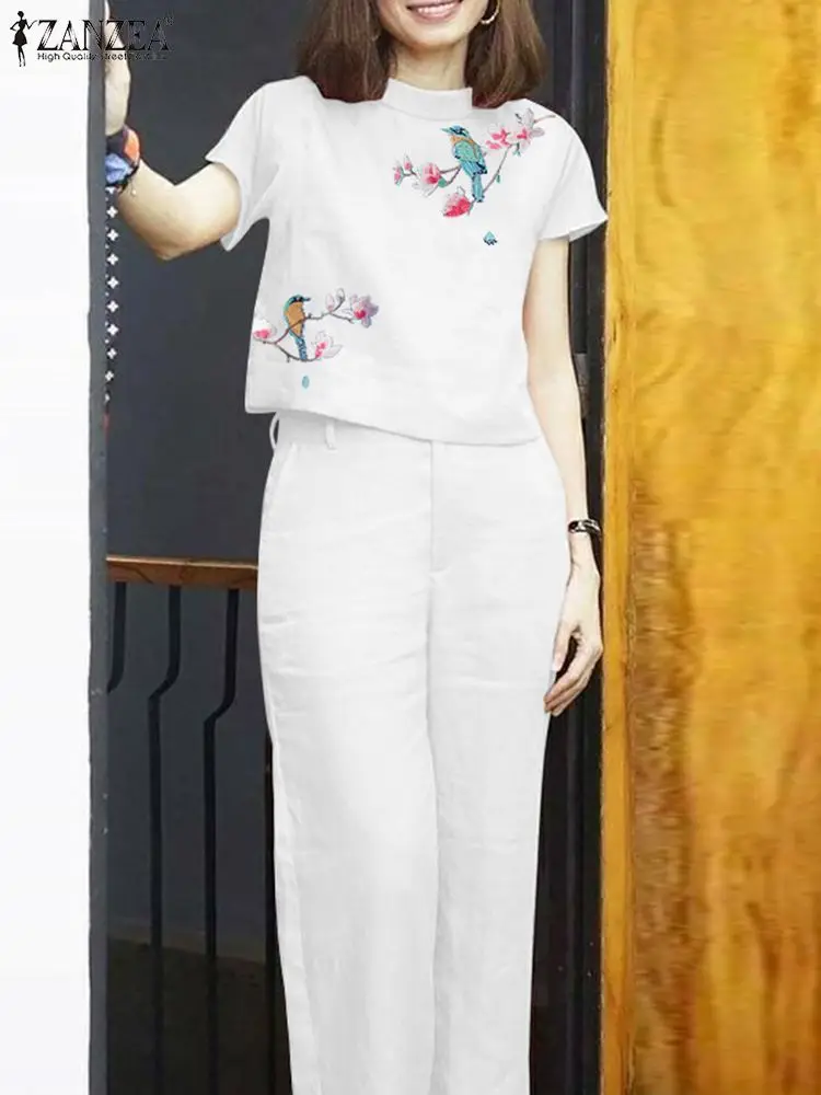 Костюм ZANZEA с цветочной вышивкой лето 2024 блузка коротким рукавом и