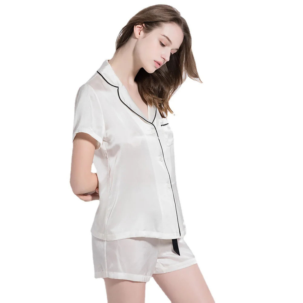 

Summer Real Mulberry Silk Nightgown Women 2 Piece Set Short Sleeve Shorts Split Loose Silk Pajamas Casual Elegant Soft Home Wear