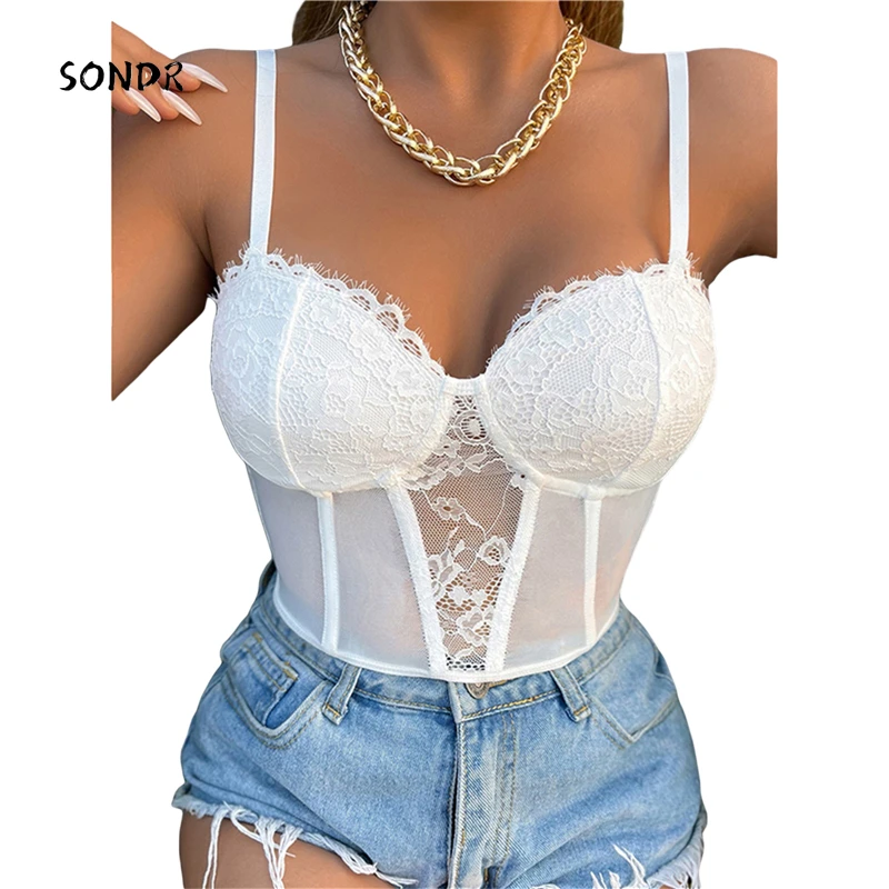 

2022 сексуальный кружевной лиф Cami Женская Клубная одежда без рукавов Прозрачный без рукавов облегающий черный готический кроп-топ