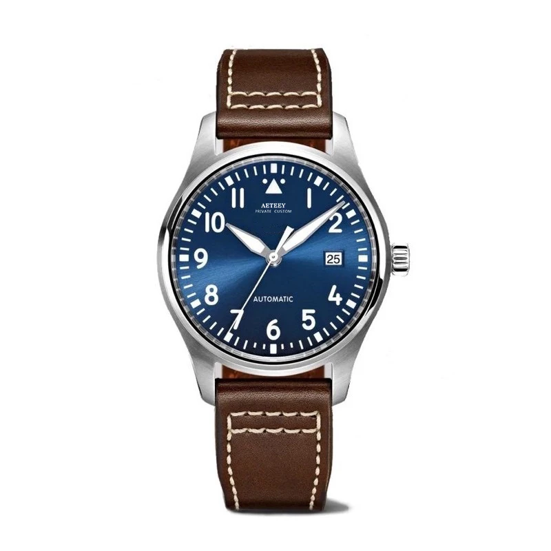 

Luxury mechanical mens watch automatic Movement Pilots brown leather blue dial waterproof wristwatch