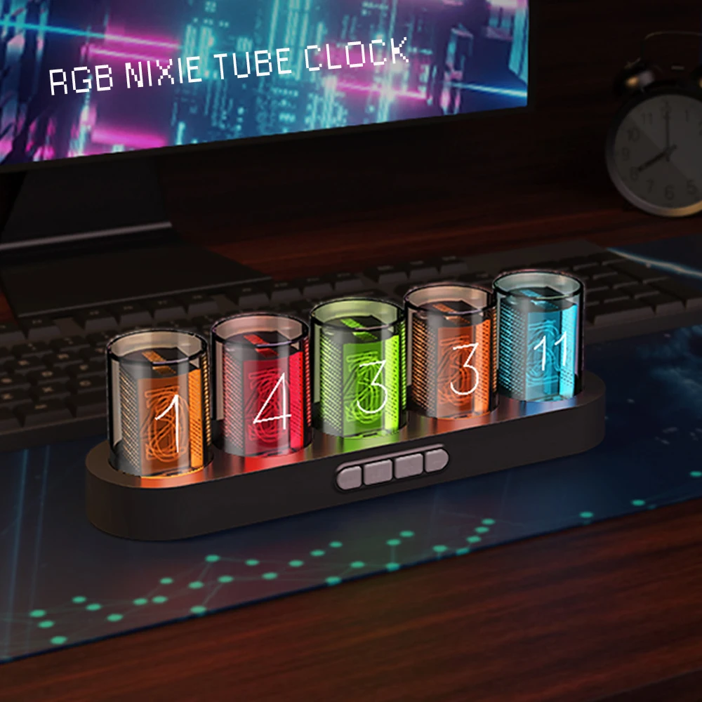 

Digital Nixie Tube Clock with RGB LED Glows for Home Desktop Decoration. Luxury Box Packing for Gift Idea.