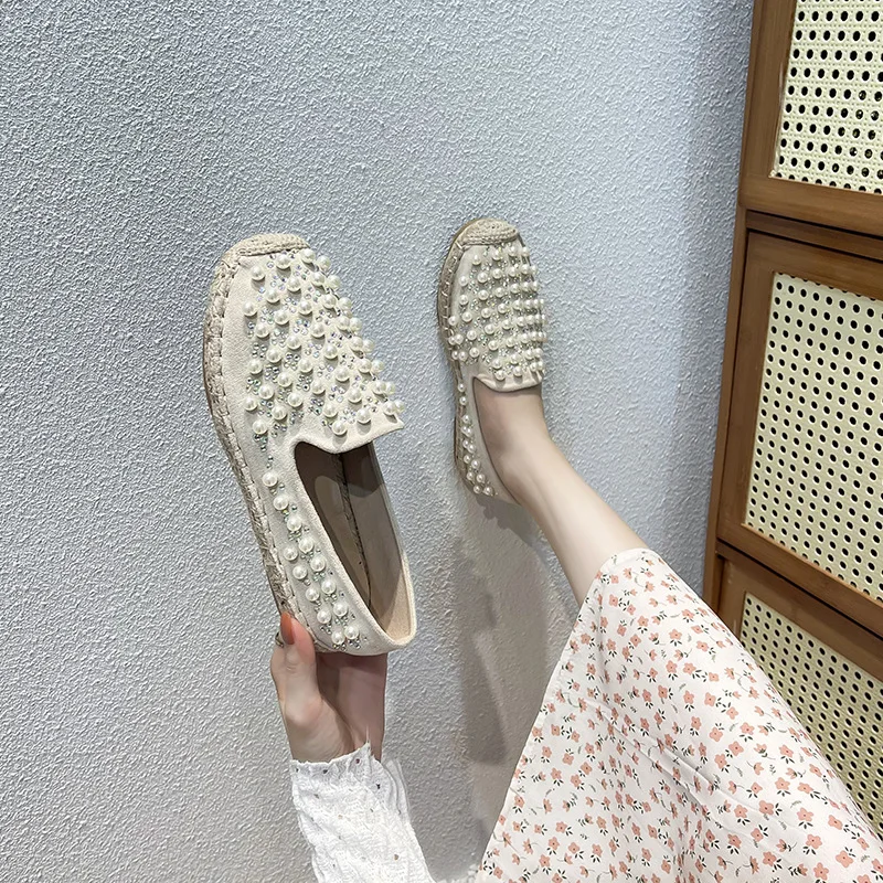 Women Oxford Straw Fisherman Shoes Ladies Flats Loafers Feminino Pearl Beaded Diamonds Espadrilles