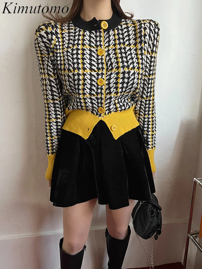 

Kimutomo Vintage Plaid Color Contrast Knit Cardigan Woman Elegant O-neck Single Breast Puff Sleeves Versatile Sweater Ins Tide