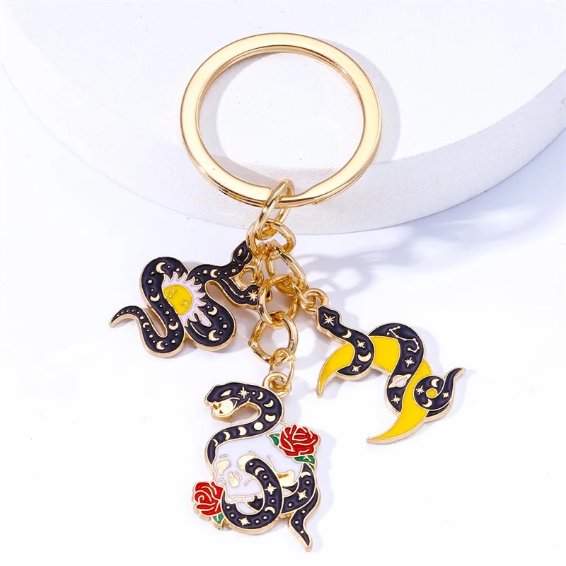 

Black Moon Sun Rose Snake Pendant Fashion Design Enamel Key Ring For Women Men Handbag Accessorie Car Keys Handmade Jewelry Gift