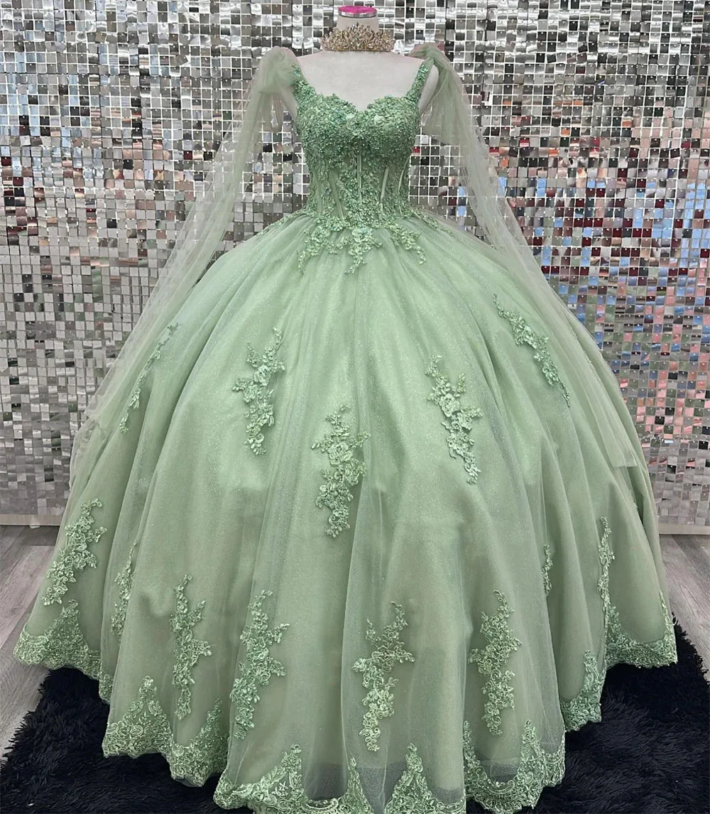 

Mint Green Princess Quinceanera Dresses Ball Gown Sweetheart Tulle Appliques Sweet 16 Dresses 15 Años Mexican