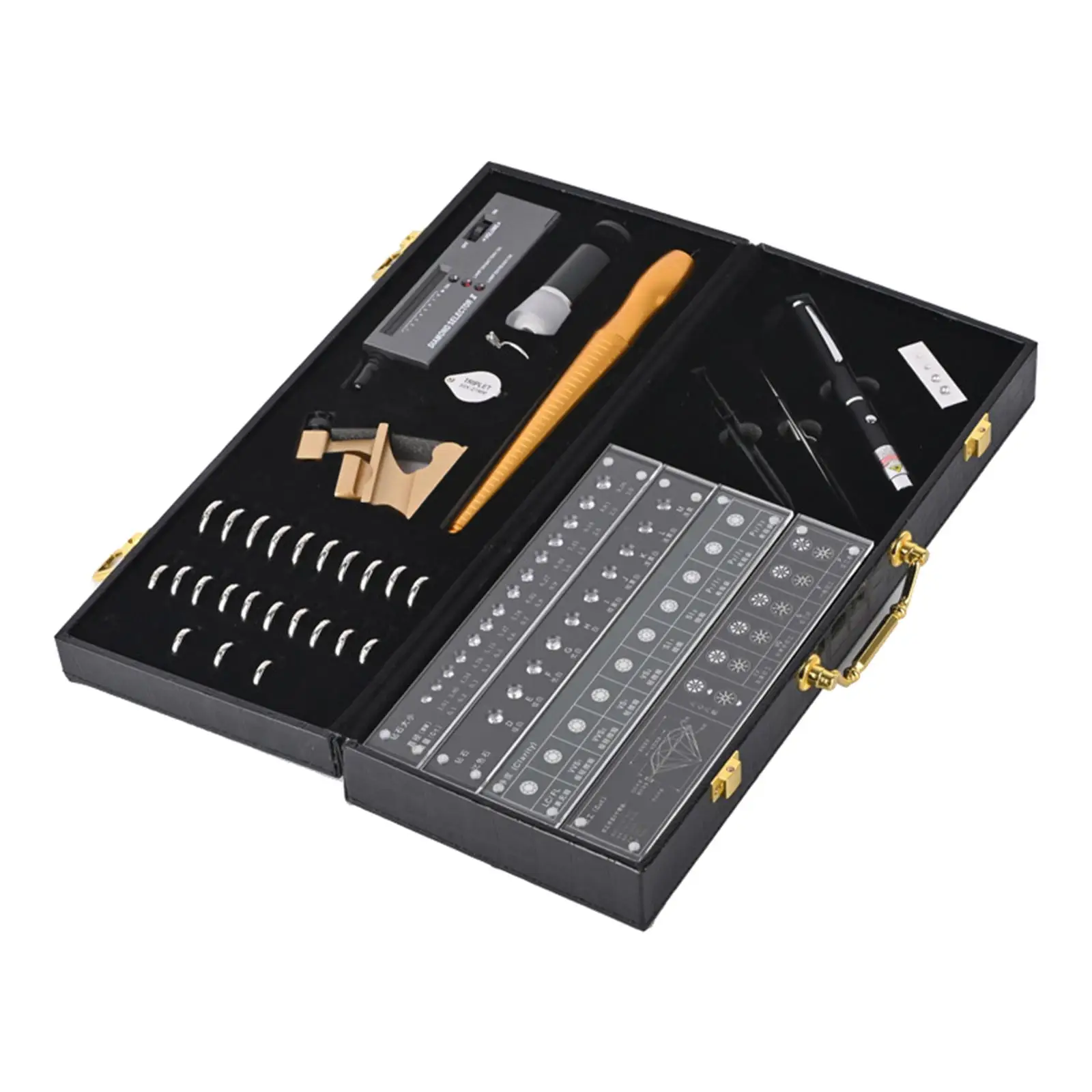 

Diamond Selector & Accessories Jeweler Tool Box Set, with texter , HK ring guage , ring stick , jewelry loup , jewelry cutter