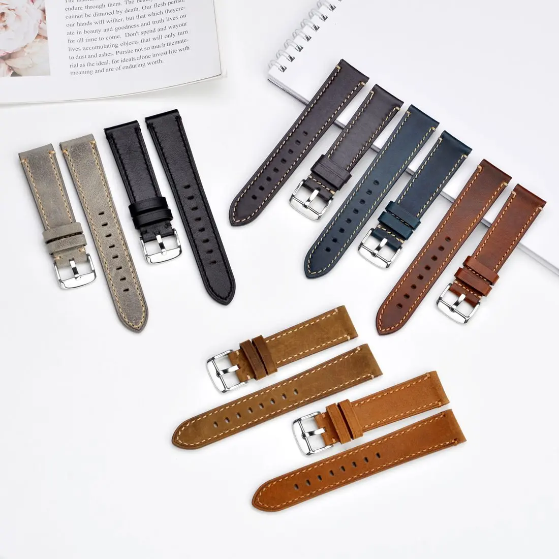 WOCCI Handmade Watch Band Men Genuine Leather Watch Strap 18mm 20mm 22mm 24mm Watchbands Bracelet Replacement Black Watch Buckle