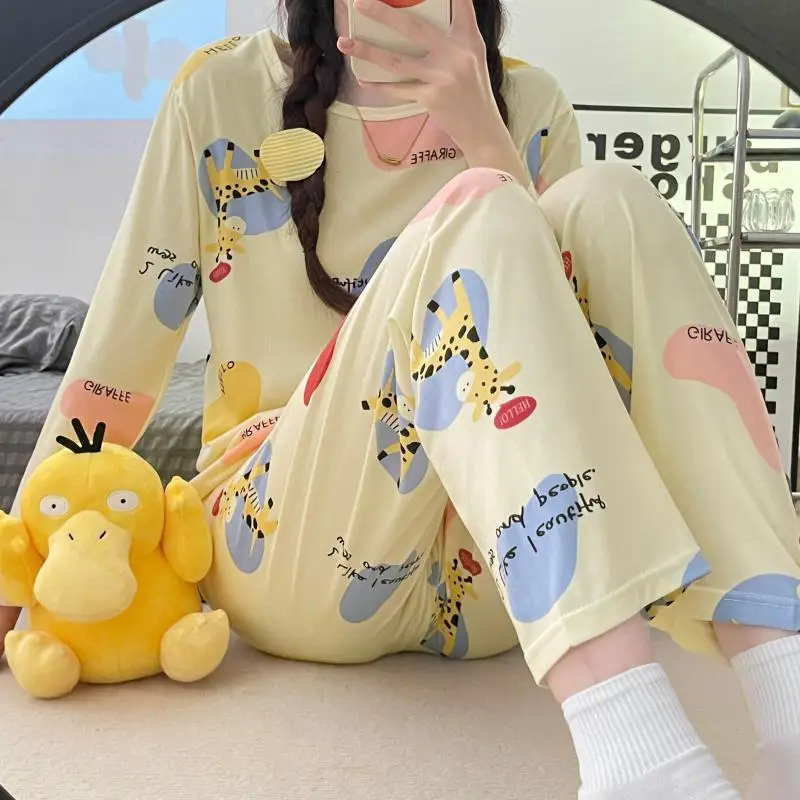 New Spring and Autumn New Pajamas Ladies Long-sleeved Trousers Cardigan Print Sweet and Fresh Home Service Women's Pajamas Set