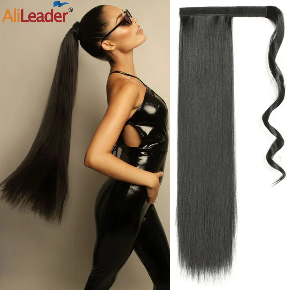 

Long Straight Ponytail Extension Clip In 22 Inch Wrap Around Ponytail Heat Resistant Synthetic Pony Tail Black Hair For Women