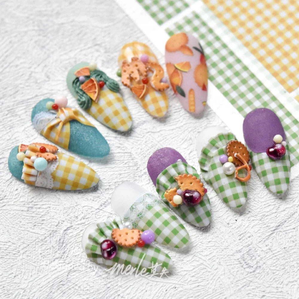 

Flowers Ribbon Design Checked Pattern Nail Art Sticker 3D Engraved Sliders Decals Press On Nails Manicure Art Decorations