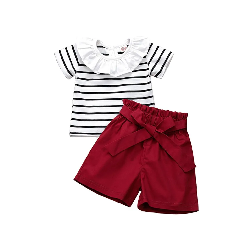 

New summer baby girl suit striped lotus leaf collar + solid color elastic shorts sweet girl 2-piece set